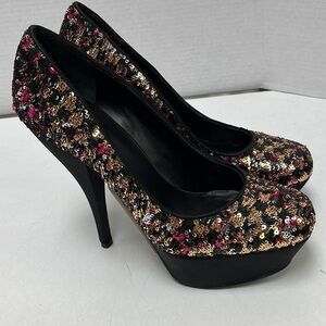 Nine West Piggy Sequined Platform Pump Black Women N6896 Size 8.5